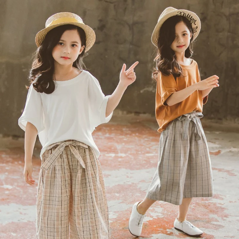2020 summer Teenager Girls Clothes Cotton T shirt &amp Plaid shorts Trousers 6 7 8 10 5 12 Year Outfits Summer School | Детская одежда