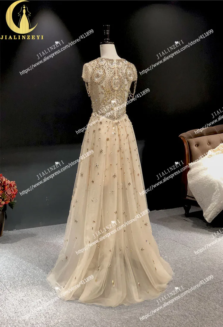 JIALINZEYI Real Picture Gold Beads Crystal Luxurious short sleeves Formal party Dress evening Dresses