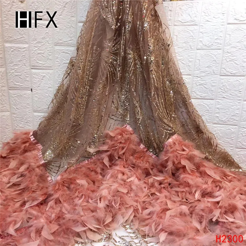 HFX Beautiful Feather Nigerian Lace French Net Sequin Lace Fabric For Nigerian Wedding Embroidery African Lace Fabric F2300