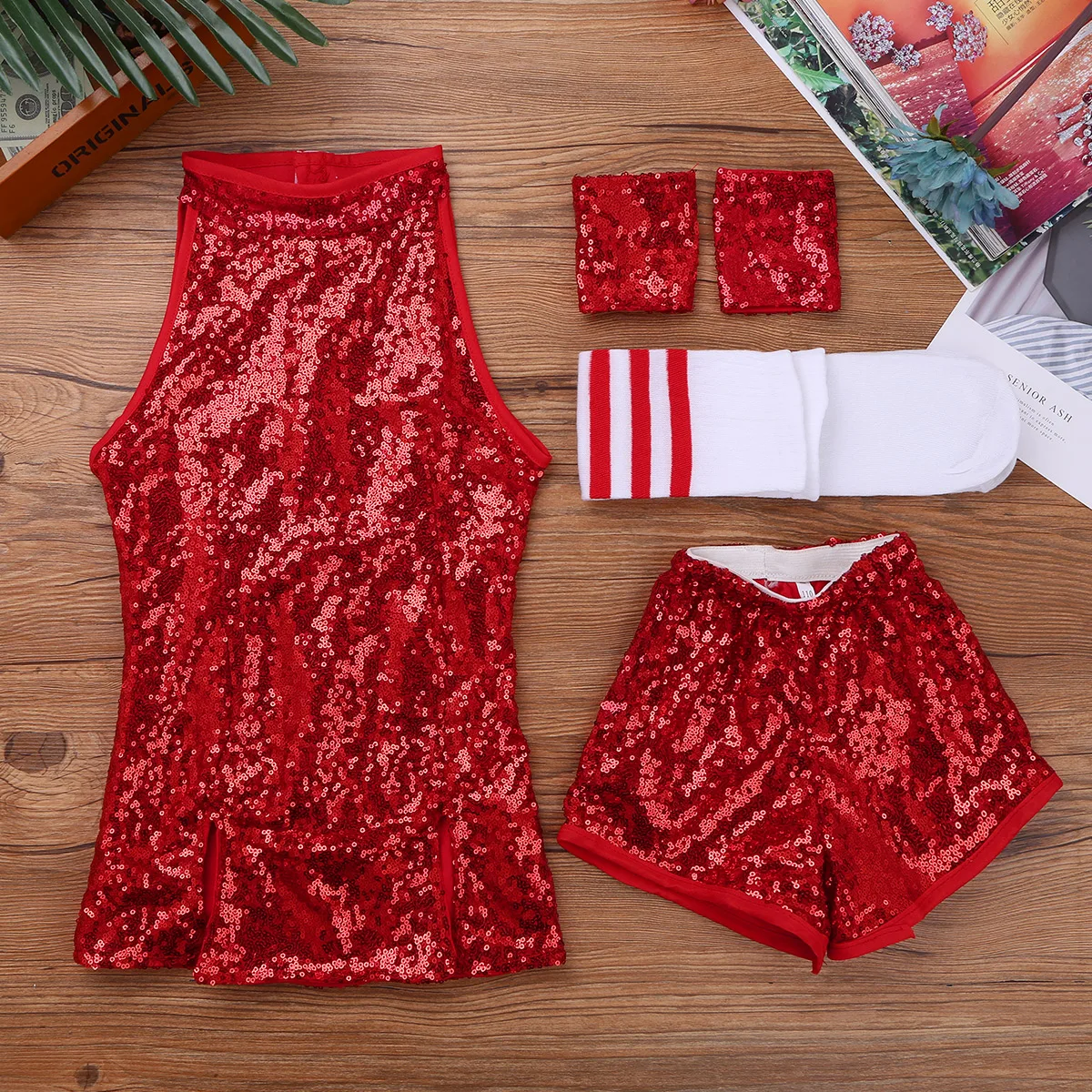 ChicTry/Детские блестящие топы с блестками и шорты для девочек носки комплект