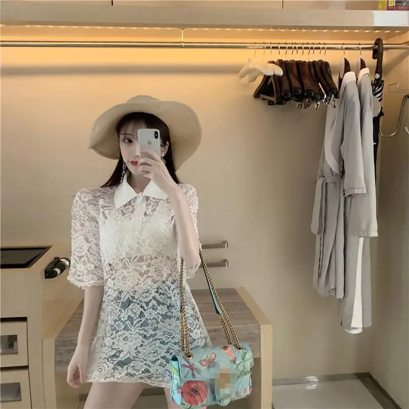 hollow out perspective Women's Clothing sexy Blouses summer lace blusas mujer de moda tops club shirts new encaje |