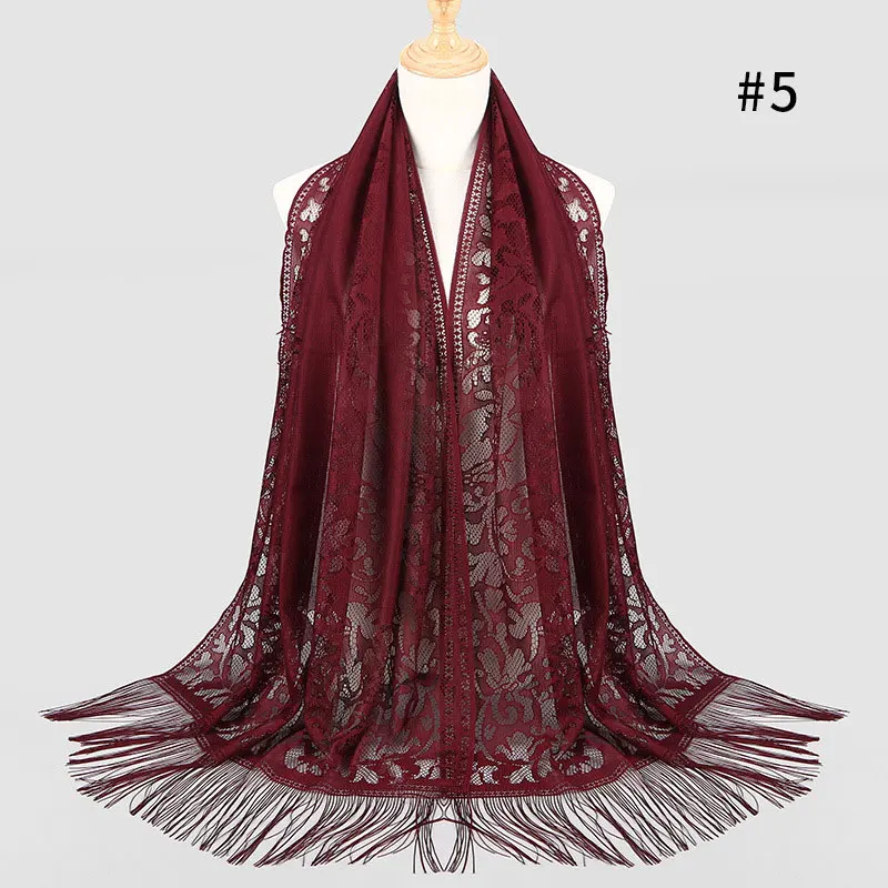 05 Dark Red Scarf Sparsil, Женский винтажный платок, полый, кружево, мусульманский хиджаб, повязка на голову с бахромой, 170 см, женский платок для свадебной вечеринки - Цвет: 05 Dark Red Scarf
