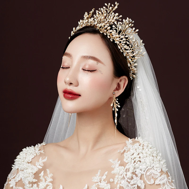 Himstory Handmade Pearls Bridal Headdress Wedding Tiaras Crowns Crystal Brides Hair Accessory Jewelry Gifts | Украшения и