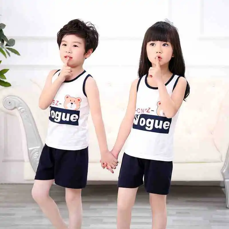 2-8 Years Boys Girls Sleeveless Vest+ Pure Color Shorts Set Summer Children Cartoon Tops Kids Boy Cotton Casual Waistcoat Suits | Детская