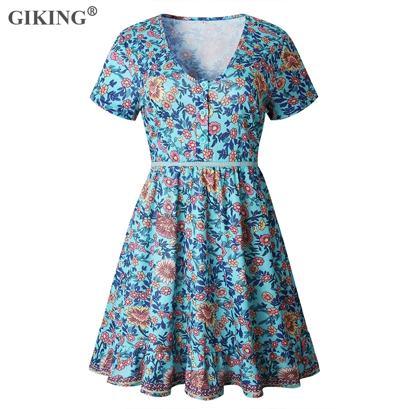 Женское платье с цветочным принтом GIKING Boho облегающее мини короткими рукавами и v