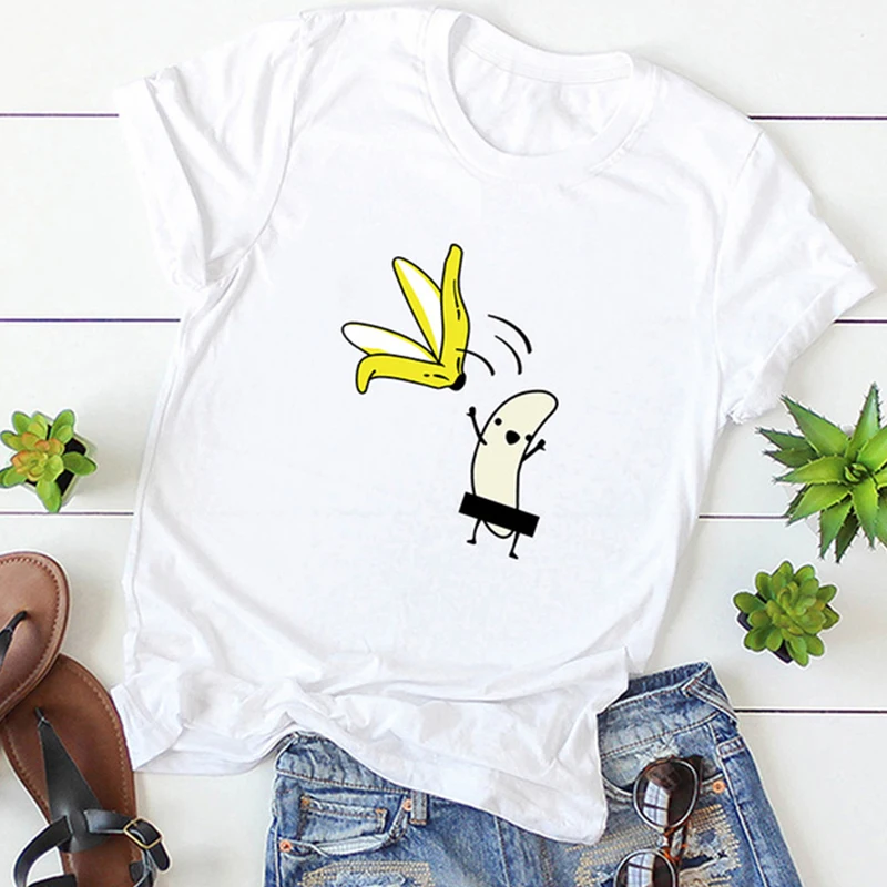 Casual Cotton Funny T-shirt Women's Nude Color Banana Cartoon Printing Short-sleeved O-neck Cute Women Summer 2019 | Женская одежда