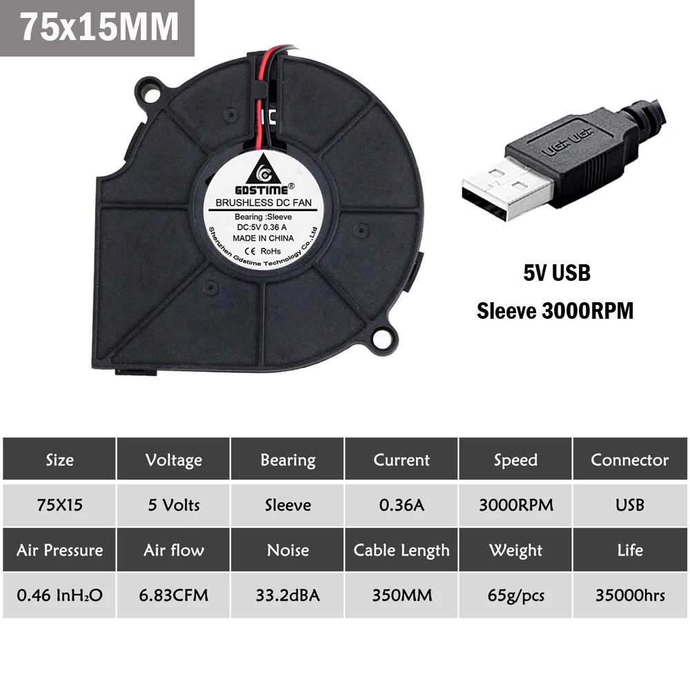 100 шт./лот Gdstime DC 5 в USB 75 мм 75x15 7515s бесщеточный вентилятор постоянный ток Вентилятор