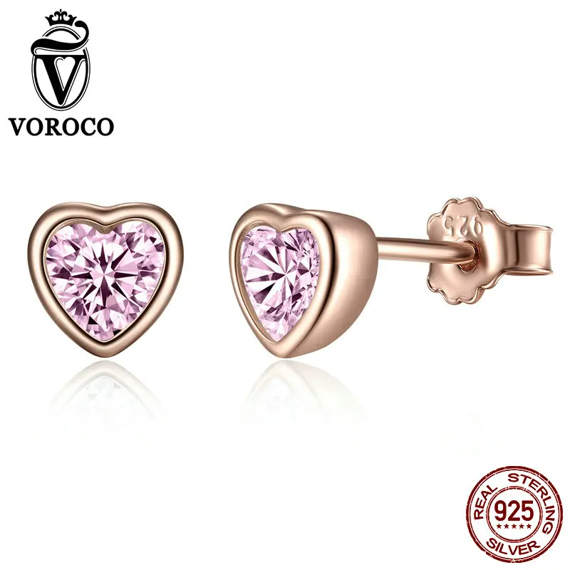 Voroco настоящий 925 пробы, серебряные серьги-гвоздики, красное сердце, любовь, звезда, луна, цветок, серебро 925, ювелирное изделие, свадебные серьги для женщин