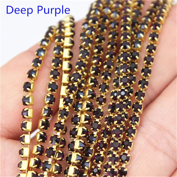 Deep purple 2mm 2.5mm 2.8mm 3mm 2Yard Colorful Sew on Crystal Rhinestone Cup Chain Gold Based Claw for Party Dinner Dress Accessories 8Y1200 - Цвет: Deep purple