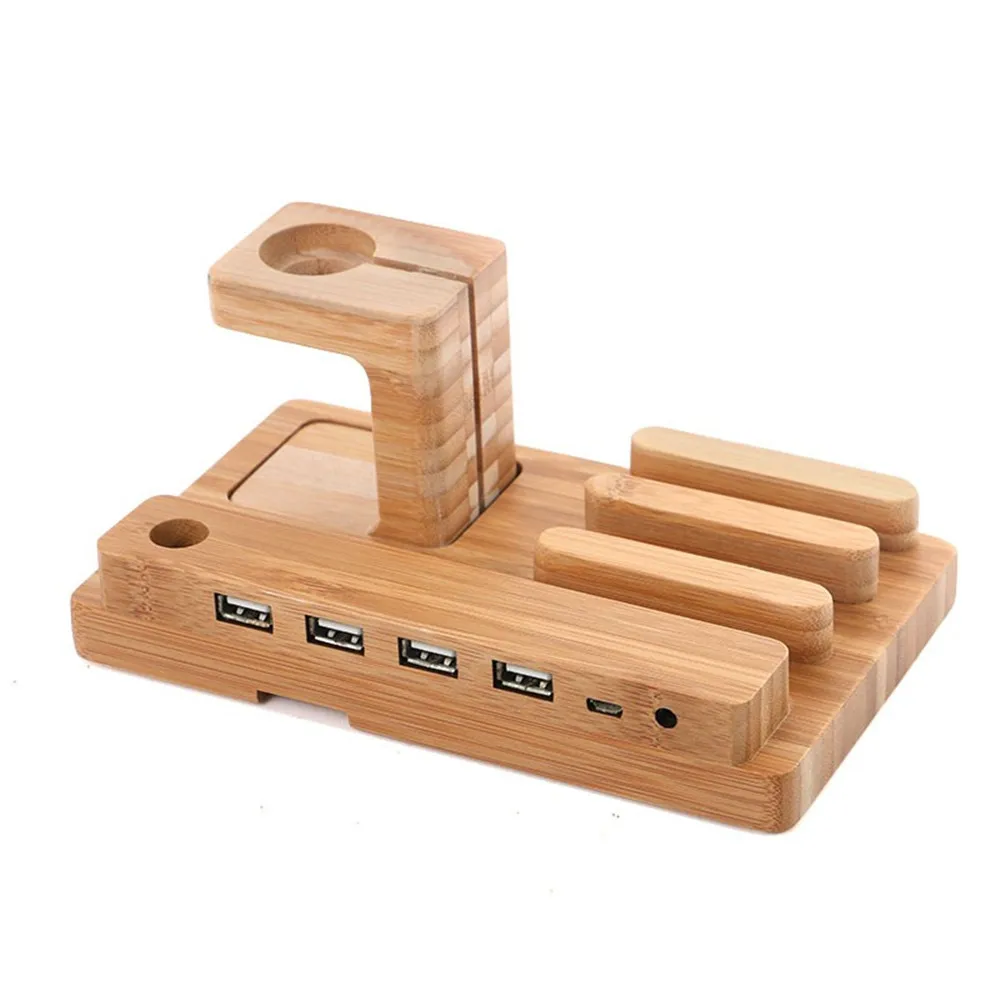 Зарядная док станция для Apple Watch/iPhone/iPad/iWatch 4 USB порт деревянный кронштейн