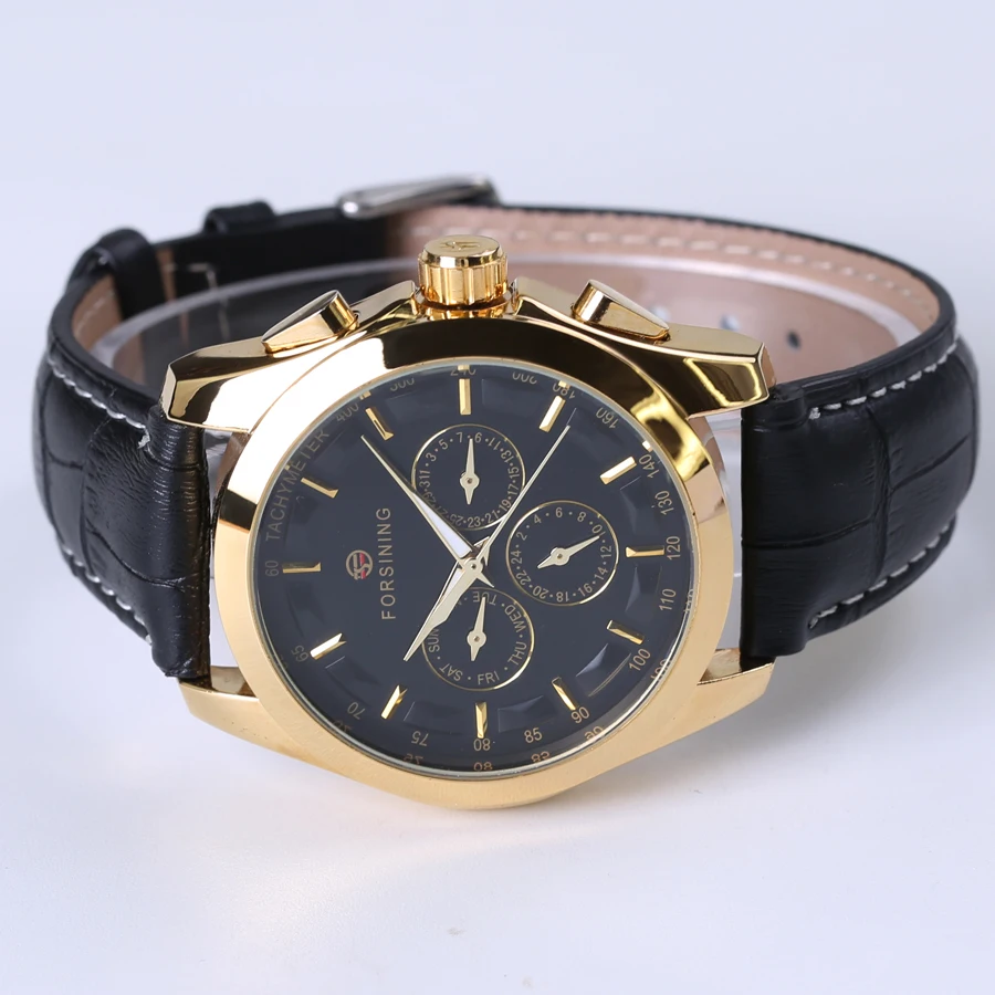 Forsining роскошные часы Для мужчин кожа Винтаж классический ретро черный золото