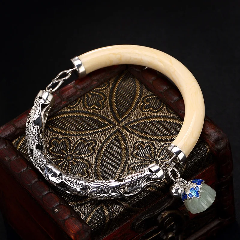 

2018 Jade Bangle Retro 925 Sterling Bracelets For Women Vintage Natural Hetian Jade Jewelry Female Bracelet Wholesale.