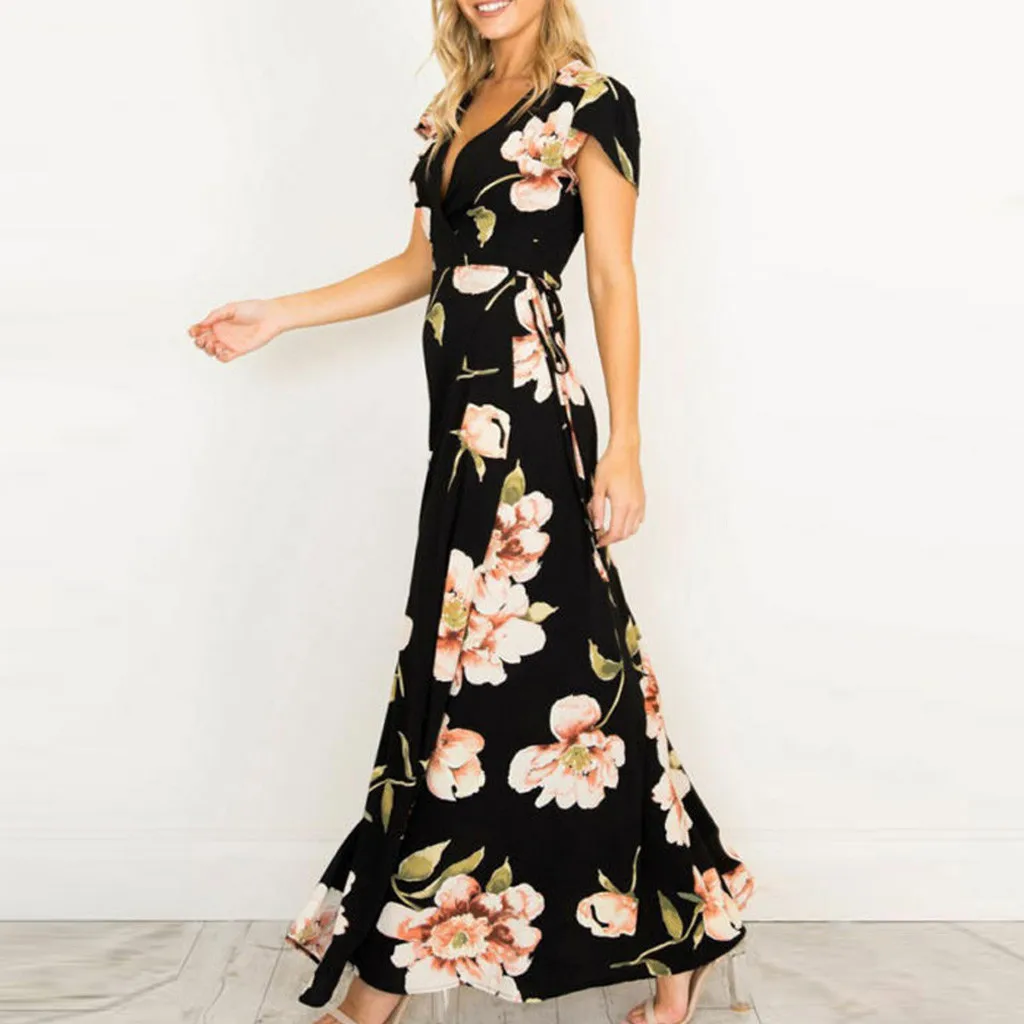 Женское платье-макси с V-образным вырезом и коротким рукавом | Женская одежда