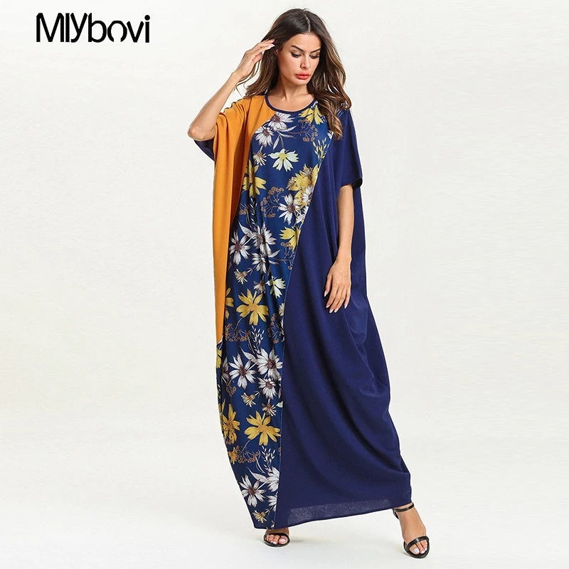 Женское платье макси с цветочной вышивкой темно синее модное лоскутное