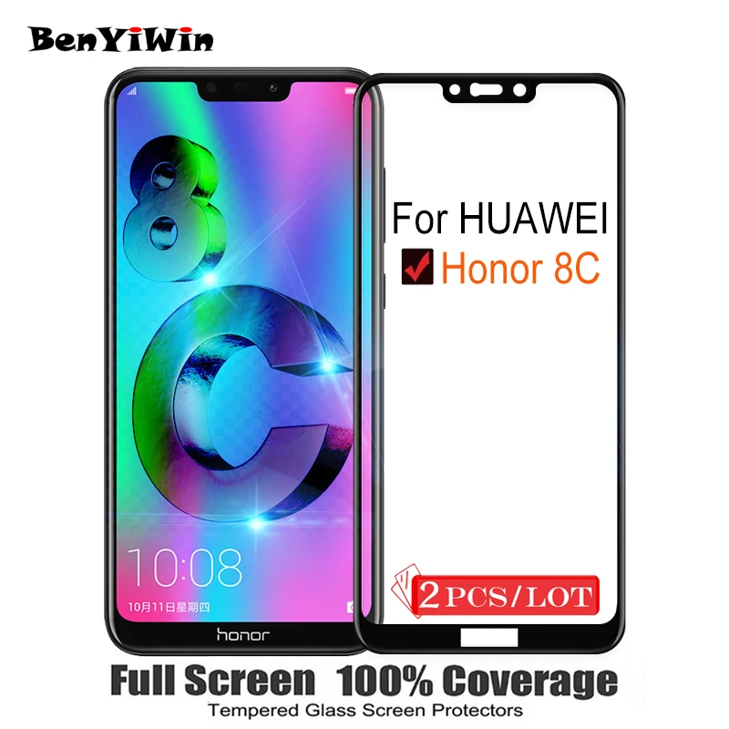 2 шт. 100% оригинальное закаленное стекло с полным покрытием для Huawei Honor 8C защитное 9H