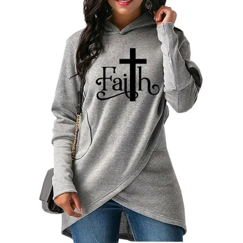 New 2018 Fashion Faith Print Sweatshirt Women Hoodies Kawaii PocketsLong Sleeve Pullover Cross Embroidery Casual | Женская одежда