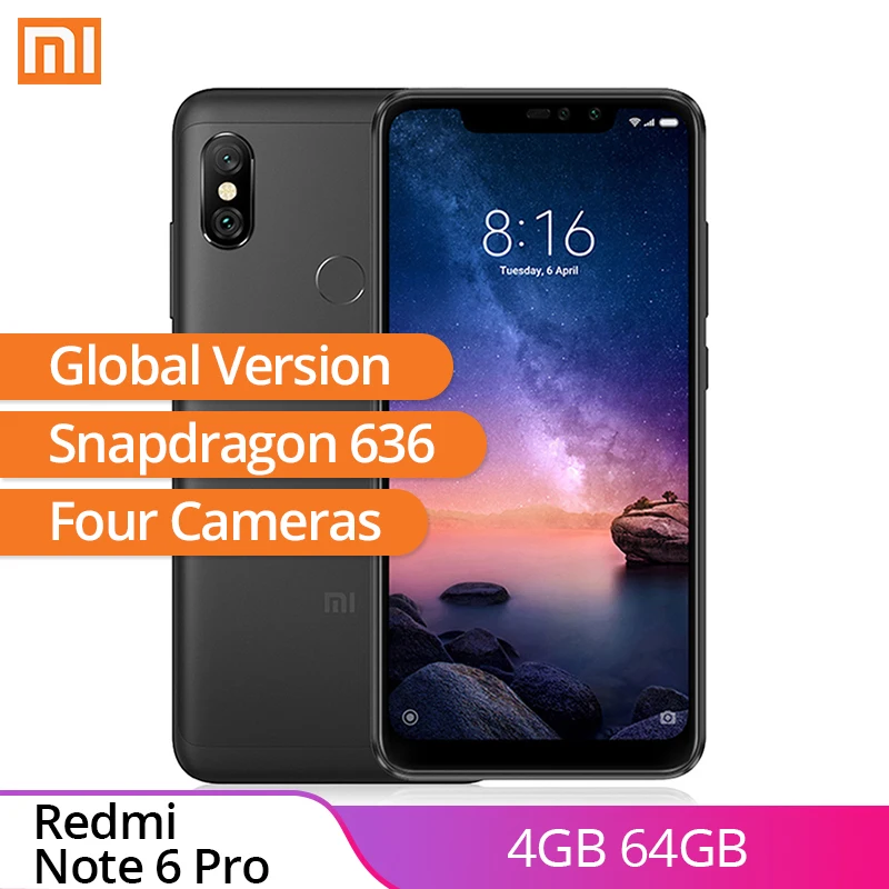 Смартфон Xiaomi Redmi Note 6 Pro 4 ГБ 64 Восьмиядерный процессор Snapdragon 636 26 дюйма 4000 мА/ч