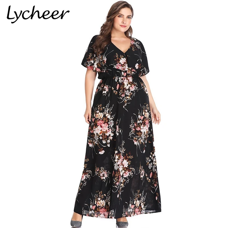 Женское длинное платье с цветочным принтом Lycheer летнее макси коротким рукавом и