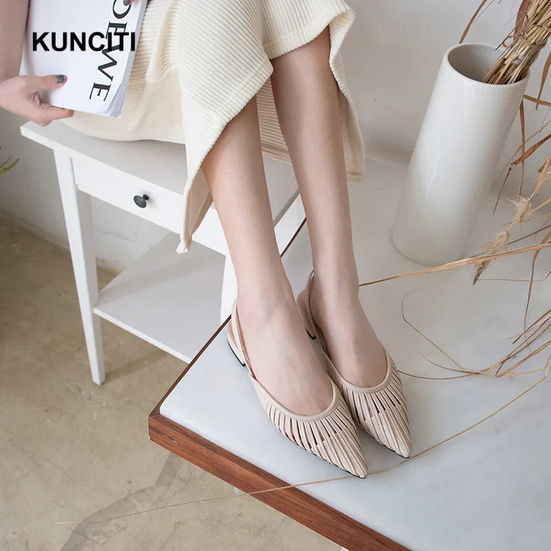 KUNCITI/; босоножки на низком каблуке из натуральной кожи; женская пикантная обувь заостренная на каблуке; женские повседневные босоножки в европейском стиле; X957