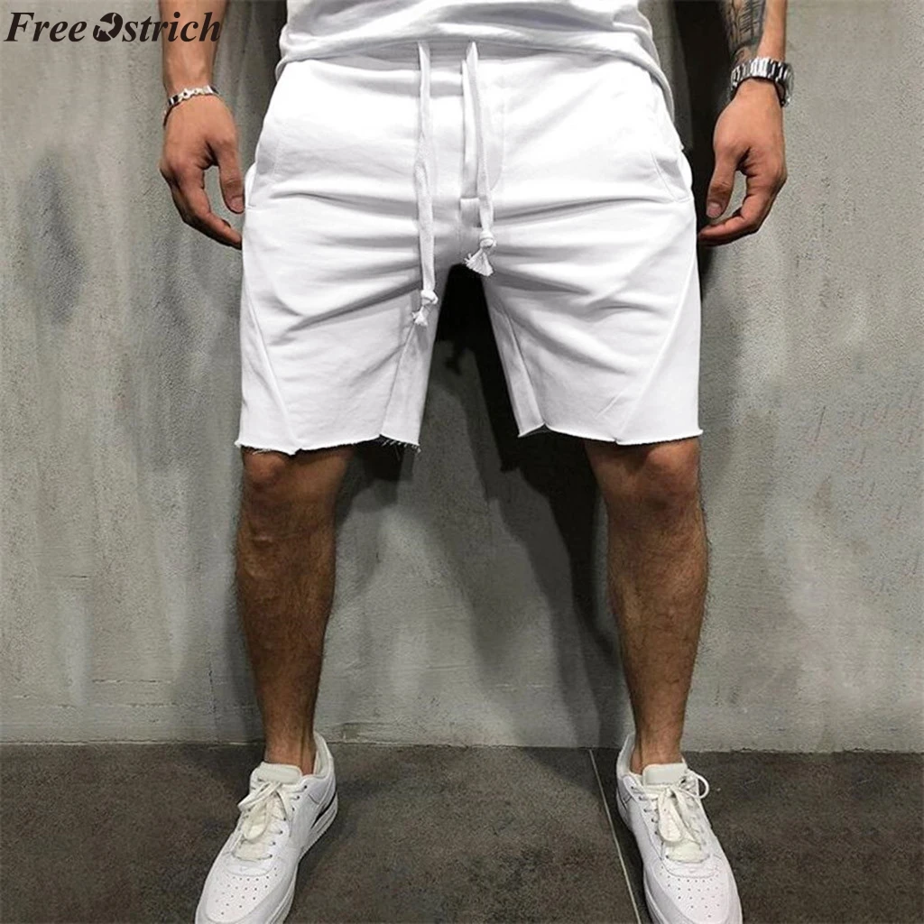 

Men's Knitted Elastic Sports Shorts Strap Pocket Solid Color FREE OSTRICH Raw Edge Summer Shorts Male Running Pants Plus Size