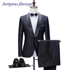 Новинка 2020, Черные смокинги для жениха высокого качества, приталенный индивидуальный костюм, свадебные костюмы для мужчин с отложным воротником (пиджак + брюки)