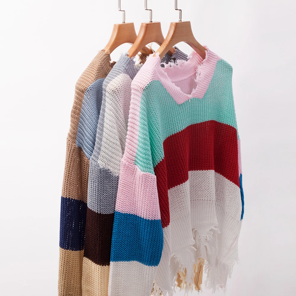 Rainbow Sweater Women Ripped V Neck Pullover and Sweater Long Sleeve Striped Autumn Knit Sweater