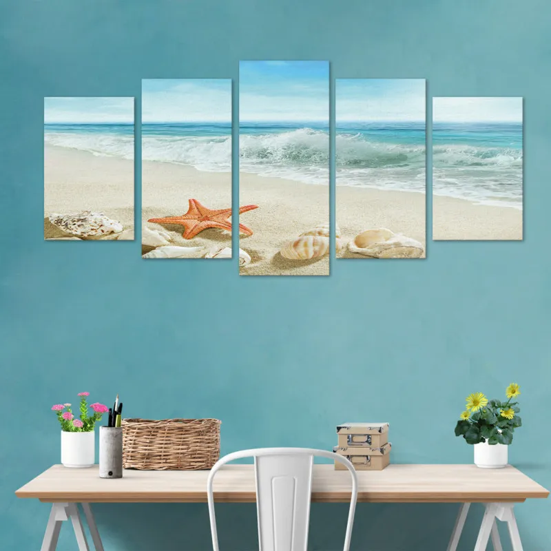 

3D Seaside Beach Five Pictures Nordic Style Mural Living Room Bedroom Minimalist Sofa Wall Home Decoration Painting Frameless