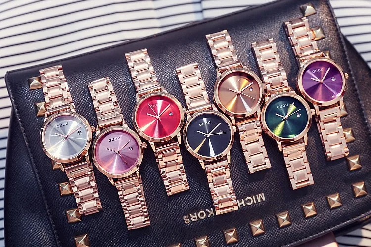 

Fashion GUOU Date Quartz Watch High Quality Lady Gift Dress Watch Luxury Rose Gold Steel Female Stainless Steel Waterproof Clock