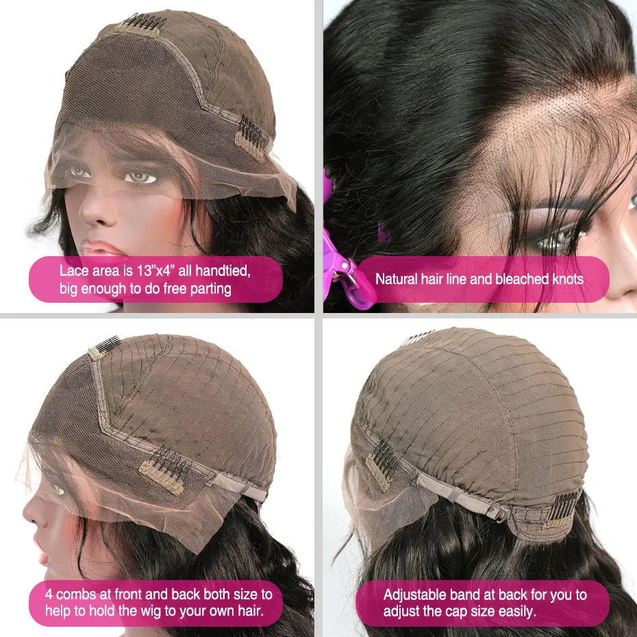 

Liweike Brazilian Body Wave 13*4 Lace Front Human Hair Wigs 1B Color Wig Remy Hair Pre Plucked Bleached Knots 150% 180% Density