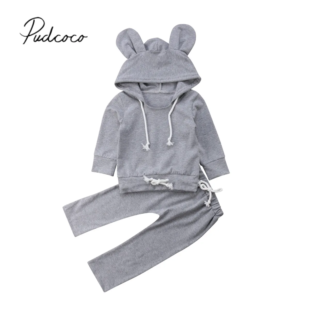 2018 Brand New Newborn Infant Baby Girl Boy Mouse Clothes 2PCS Long Sleeve Hooded 3D Ears Grey Sweatshirt Tops+Pants Autumn Sets | Детская