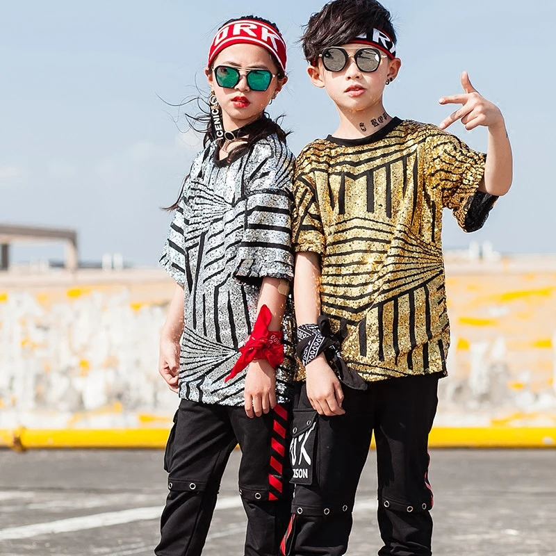 Children'S Jazz Dance Costumes Boys Girls Hip-Hop Short-Sleeved Street Set Sequins Tops Shorts Performance Clothing DL2598 |