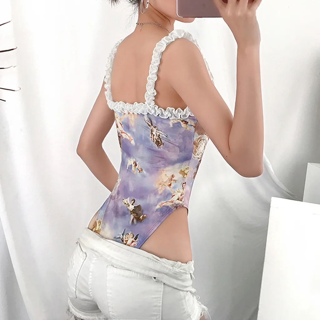Womail Fashion Для женщин Летнее сексуальное маленькое угол печати на шнуровке комбинезон на бретелях Повседневное, без рукавов, на лямках, боди 16 марта