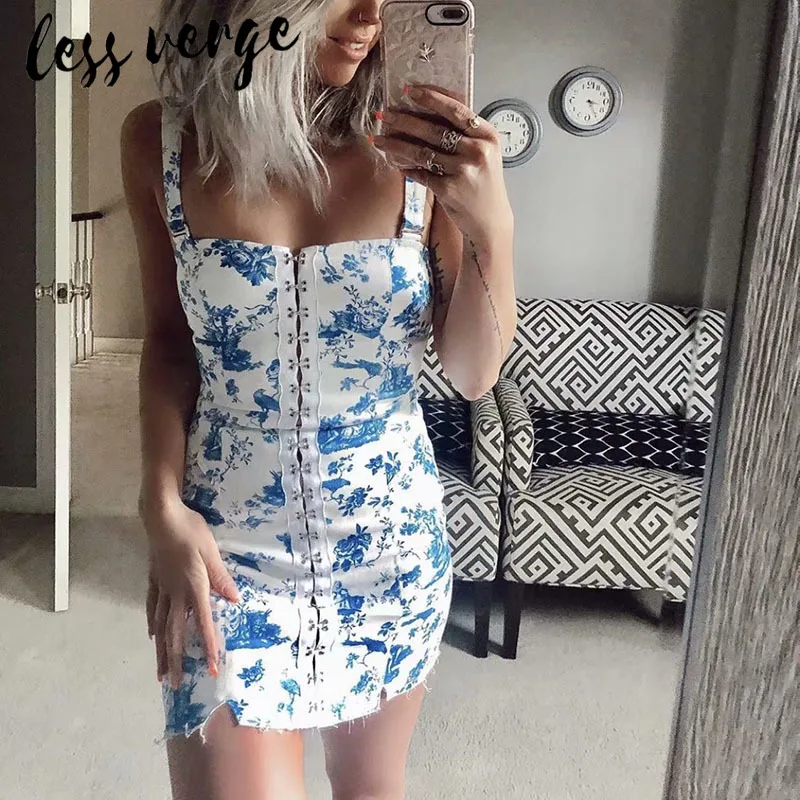 Lessverge бело-голубое китайское платье с цветочным принтом сексуальное мини-платье