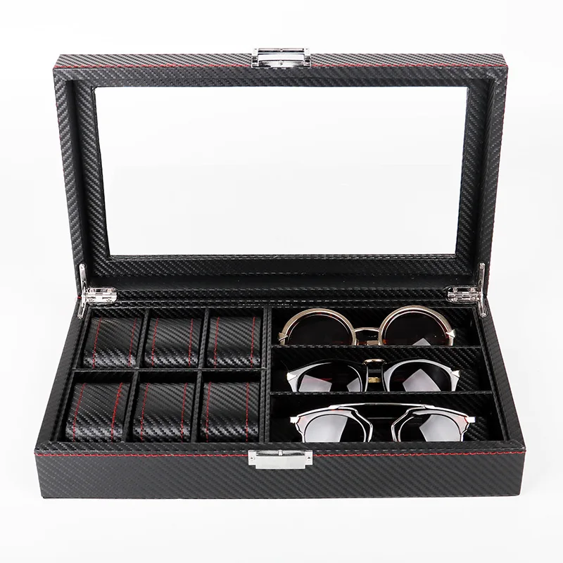 Kopen 6 Zwart Lederen Rode Naai Horloge Doos Sieraden Case + 3 Brillen Opslag En Sunglass Glazen Venster Display Case Organizer Workshop