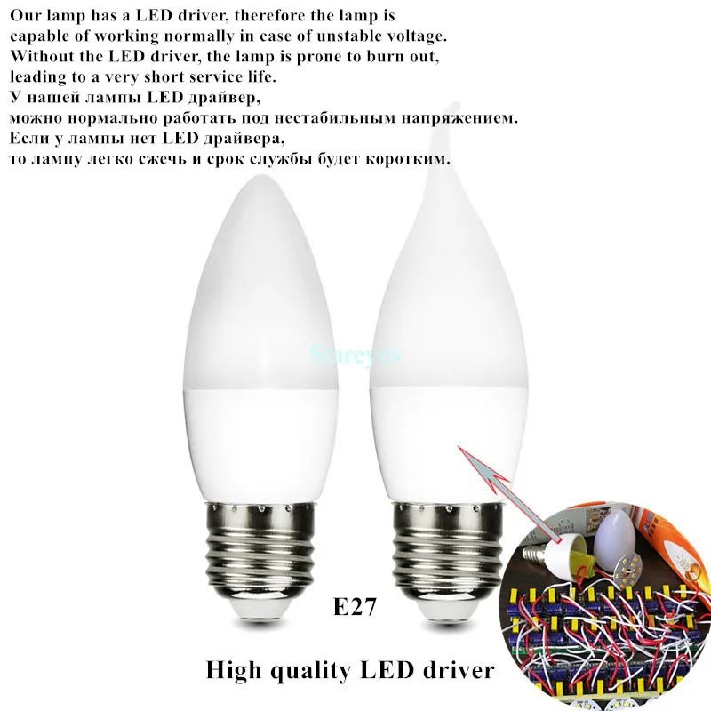 50 шт. E14 E27 SMD 2835 10 светодиодов 3 Вт 220 В светодиодная лампа в форме свечи 220В