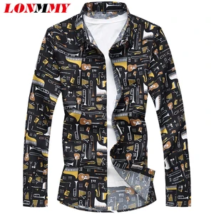Мужская рубашка LONMMY, гавайская Облегающая рубашка большого размера 6XL 7XL с длинным рукавом, 2019