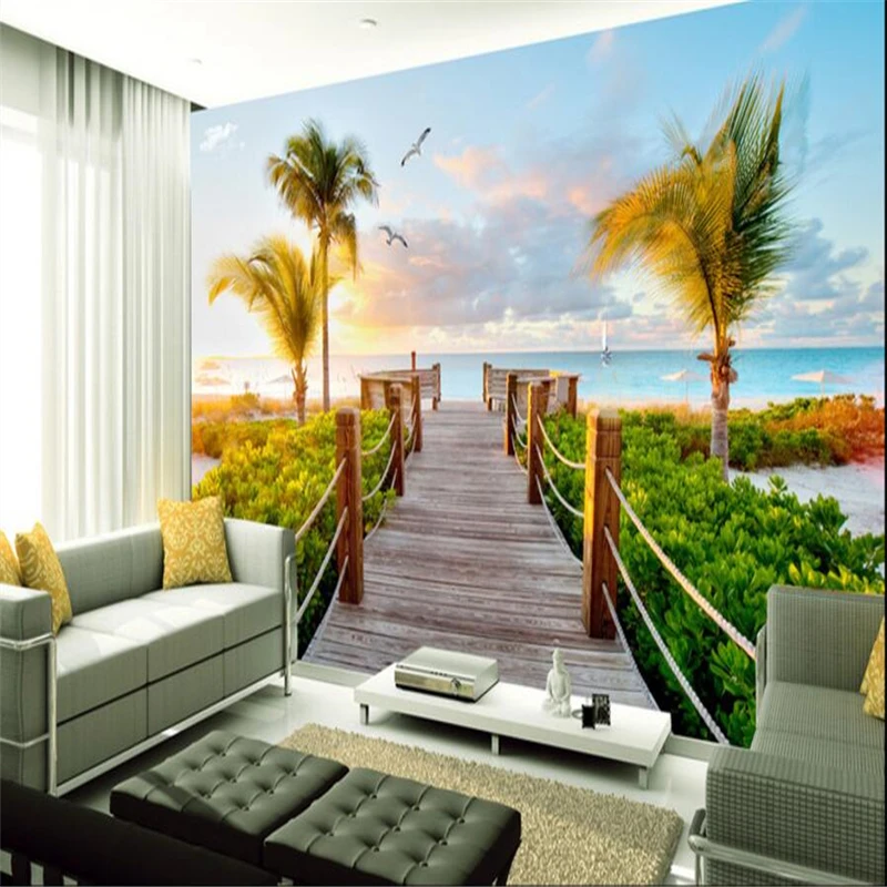 Пользовательские 3D стены деревянный мост Приморский восход пейзаж ТВ фон для