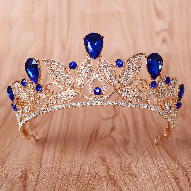 Gold Blue Винтажная тиара в стиле барокко с зеленым кристаллом, женский свадебный головной убор, стразы, диадема, Золотая Корона, свадебные аксессуары для волос, тиара de noiva - Окраска металла: Gold Blue