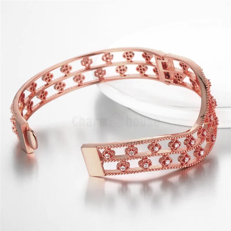 Womens Bracelets Rose Gold/Gold Color Cubic Zirconia for Woman Fashion Jewelry Wide Hollow Bangles Pulseira Female | Украшения и