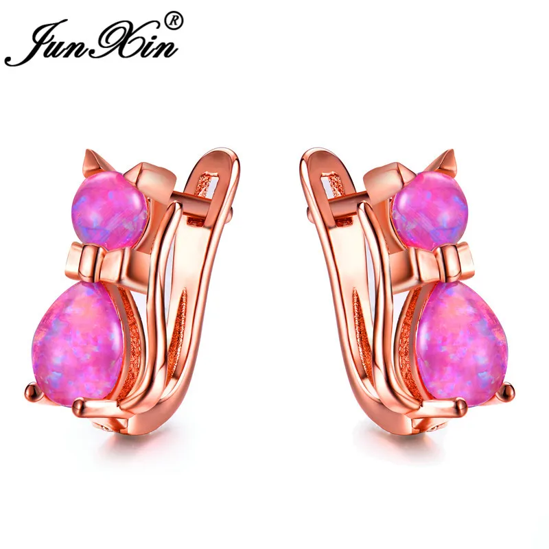 Rose Purple Opal Милые женские маленькие серьги-кольца с котом, синие, фиолетовые, розовые, белые серьги с огненным опалом для женщин, 925 пробы, серебряные, розовые, золотые серьги - Окраска металла: Rose Purple Opal