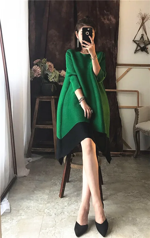 green round collar DEAT, новинка, женское весеннее плиссированное платье, повседневное, элегантное, зеленое, водолазка, со вставками, рукав три четверти, платья, SA568 - Цвет: green round collar