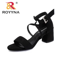 royyna new classics style women sandals flock feminimo summer shoes square high heels female slippers light soft free shipping