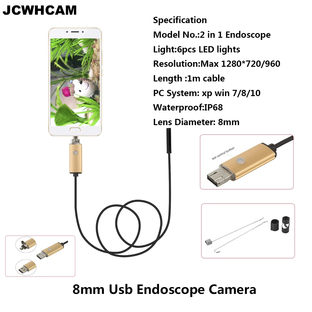 JCWHCAM Mini USB Android 8 мм диаметр 1 м длинный эндоскоп HD 710P инспекционная змеевидная