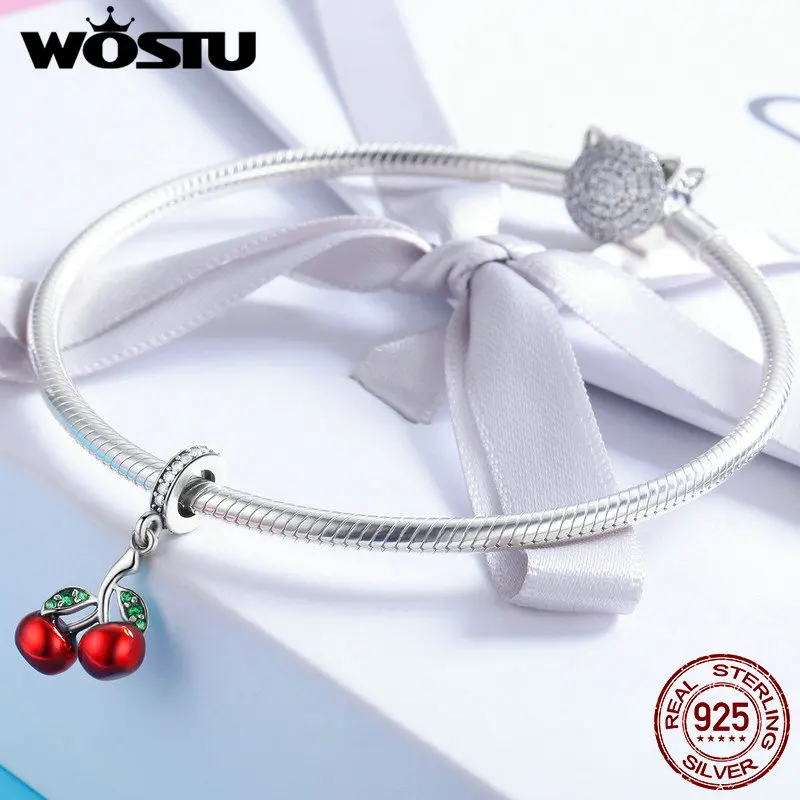 WOSTU, высокое качество, настоящая 925 пробы, серебро, красная вишня, подвеска, талисманы, подходят к оригиналу, женский браслет, ожерелье, 925, ювелирное изделие, CQC784