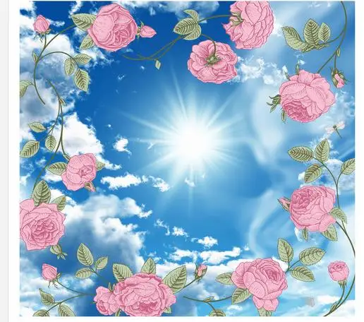 3d потолочные фрески обои розовое голубое небо белые облака гостиная потолок