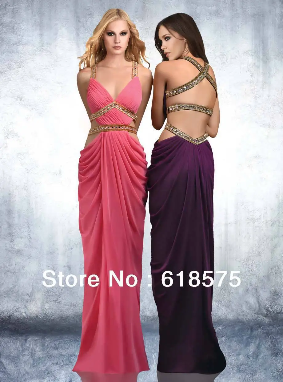 cheap-59408 Unique V Neck Beaded Halter Sheath Chiffon Long Pink Beautiful Prom Dresses | Свадьбы и торжества