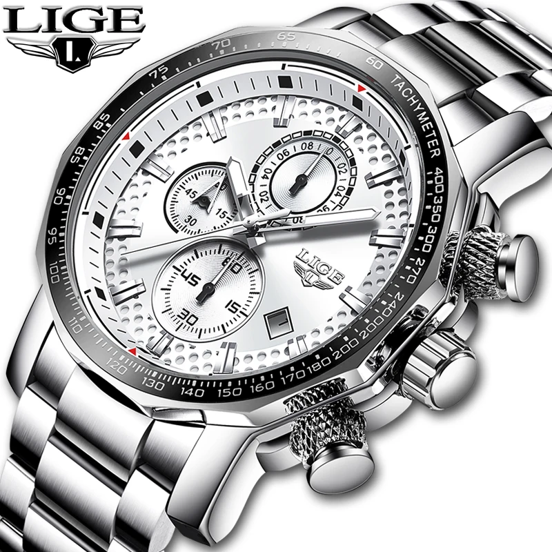

LIGE Stainless Steel Men Watch Top Brand Luxury Fashion Business Big Dial Sport Waterproof Date Watches Mens Relojes Para Hombre