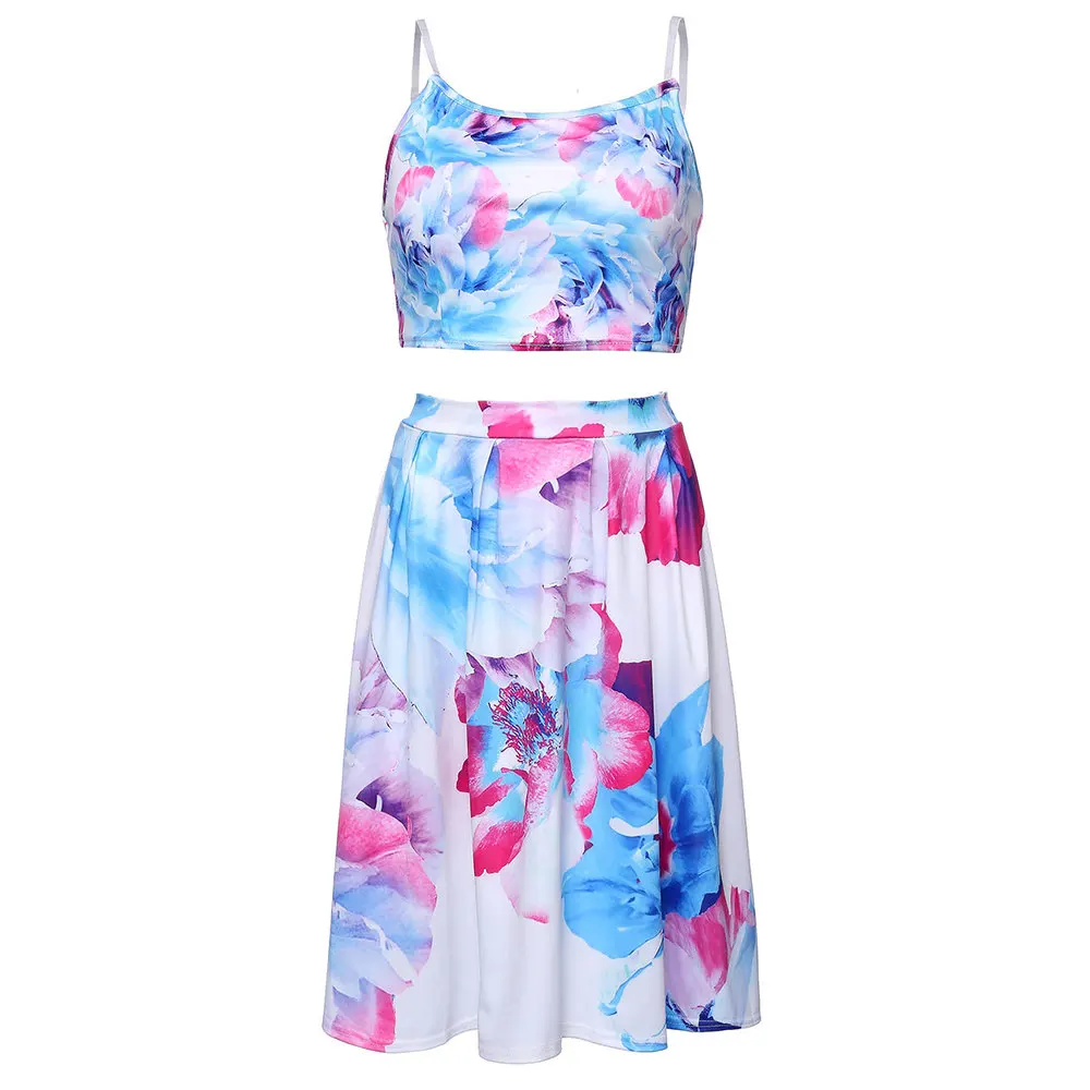 New 2015 Summer Style Women Sleeveless Floral Print Two Piece Dress O Neck Spaghetti Strap Vestidos Black White Plus Size S-XL | Женская