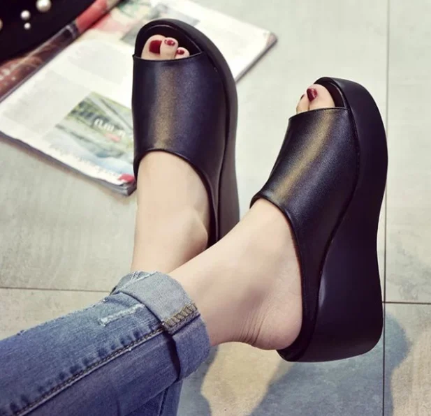 

Women Sandals 7.5cm Platform Wedges Women's Shoes Thick Heel Open Peep Toe Sandals Leather Summer Style Slide Black Shoes