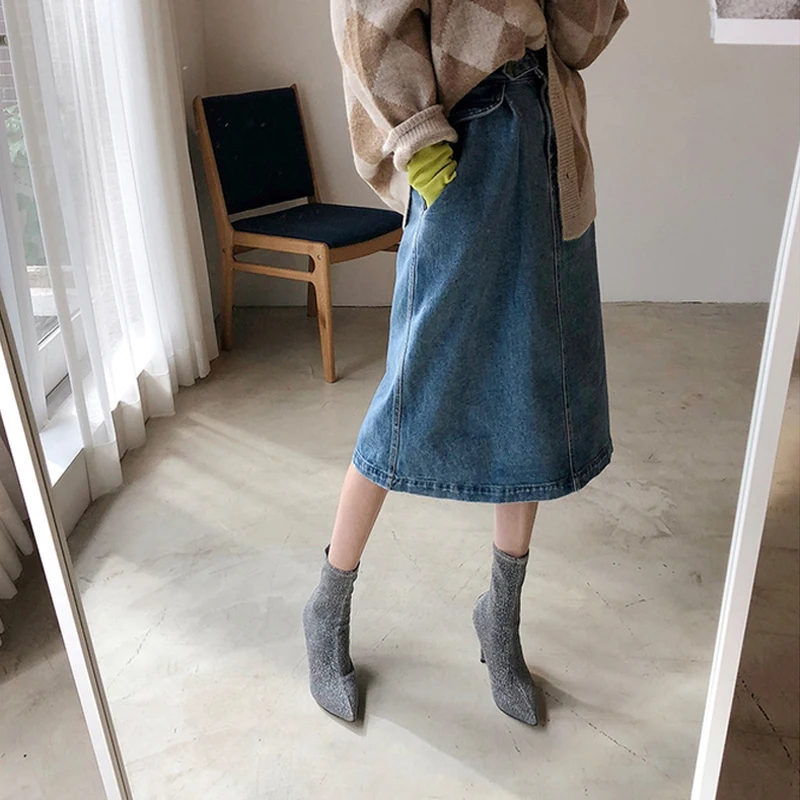 Прямая поставка Облегающая джинсовая юбка с высокой талией женские прямые